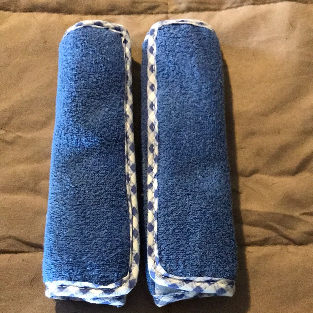Blue Terry Cloth Baby Car Seatbelt Covers with Checkered Trim